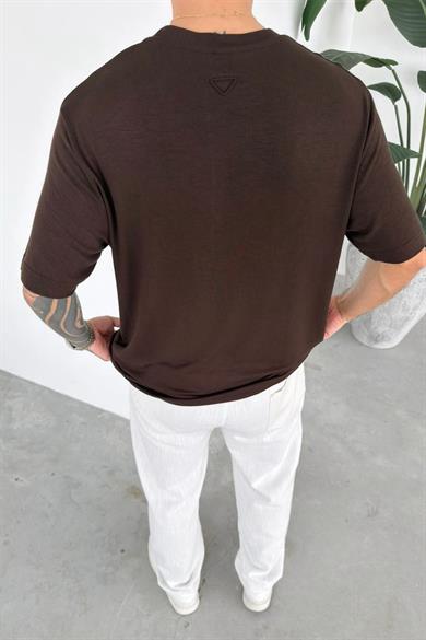 Kahverengi Basic Soft Likralı Relaxed Triko Tişört