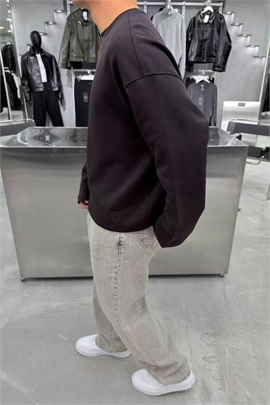 Kahverengi Basic Uzun Kollu Oversize Tişört