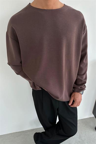 Kahverengi Basic Uzun Kollu Oversize Tişört