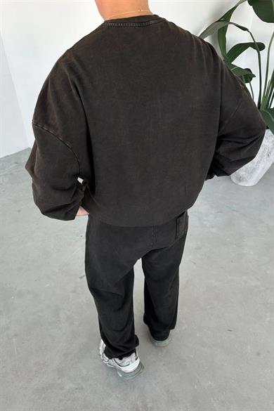 Kahverengi Basic Yıkamalı Oversize Sweat