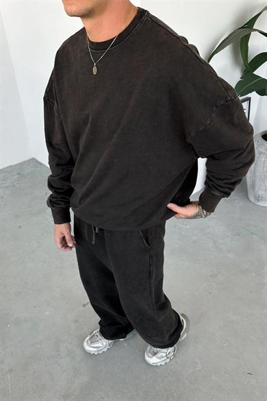 Kahverengi Basic Yıkamalı Oversize Sweat