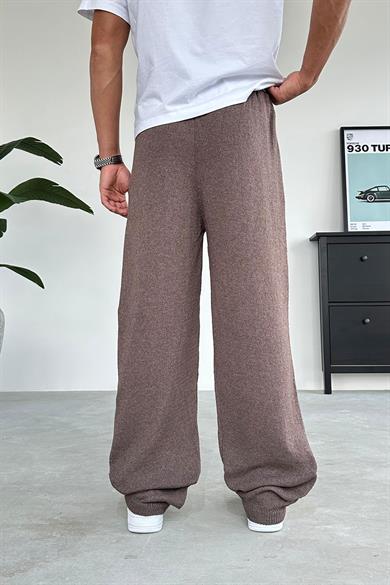 Kahverengi Beli İp Detay Örme Baggy Pantolon