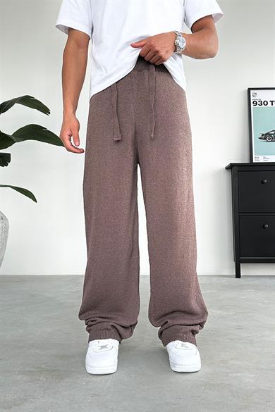 Kahverengi Beli İp Detay Örme Baggy Pantolon