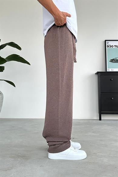Kahverengi Beli İp Detay Örme Baggy Pantolon