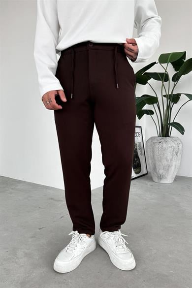 Kahverengi Beli İp Detaylı Gabardin Regular Pantolon