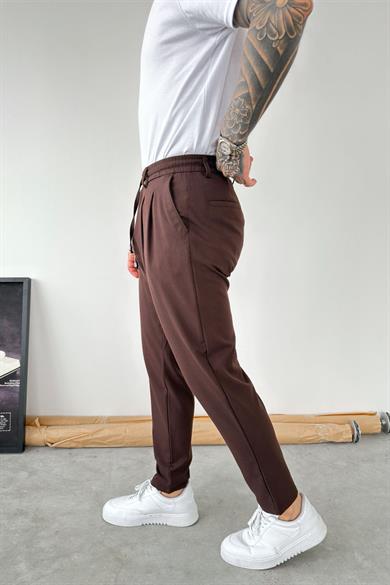 Kahverengi Beli İp Detaylı Regular Fit Kumaş Pantolon