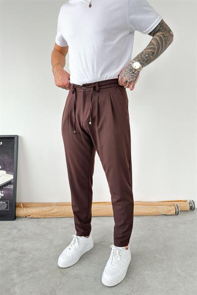 Kahverengi Beli İp Detaylı Regular Fit Kumaş Pantolon