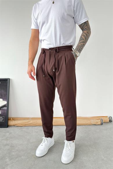 Kahverengi Beli İp Detaylı Regular Fit Kumaş Pantolon