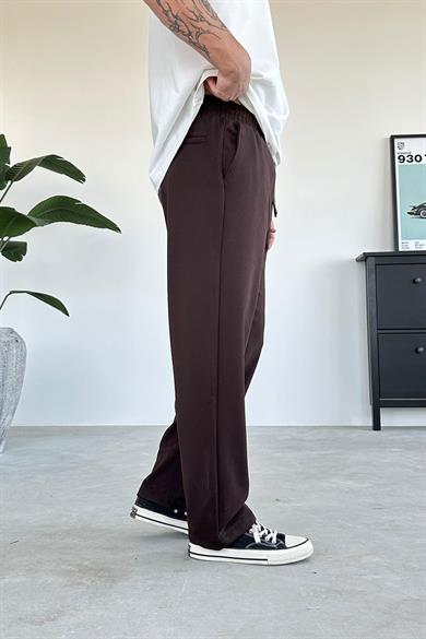 Kahverengi Beli Lastik Detay Gabardin Baggy Pantolon