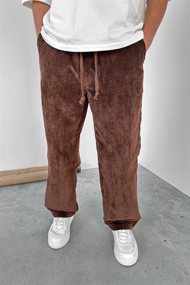 Kahverengi Beli Lastikli Ayarlanabilir Kadife Baggy Pantolon