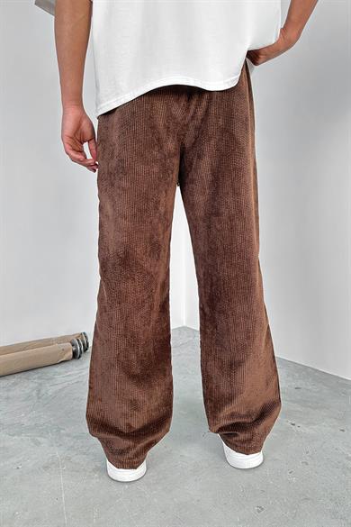 Kahverengi Beli Lastikli Ayarlanabilir Kadife Baggy Pantolon