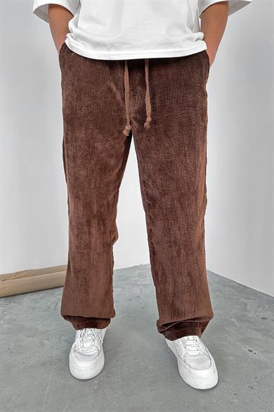Kahverengi Beli Lastikli Ayarlanabilir Kadife Baggy Pantolon