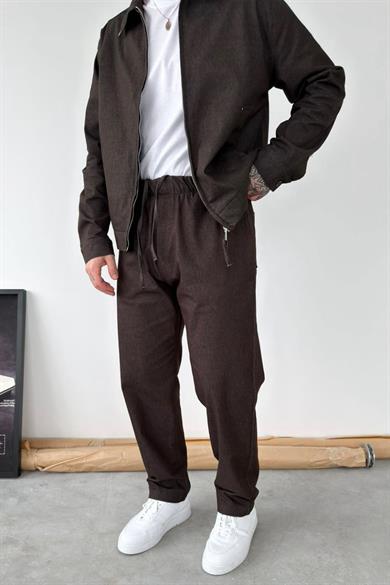 Kahverengi Beli Lastikli Dokulu Baggy Pantolon