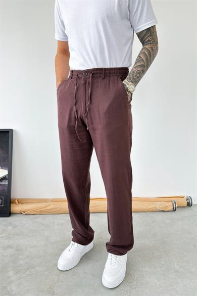 Kahverengi Beli Lastikli Keten Pantolon