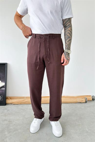 Kahverengi Beli Lastikli Keten Pantolon