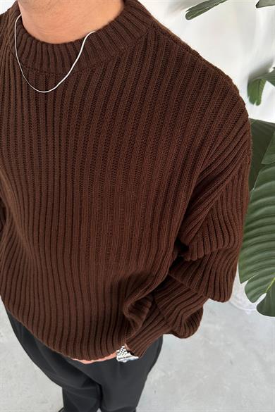 Kahverengi Bisiklet Yaka Fitilli Oversize Triko Kazak