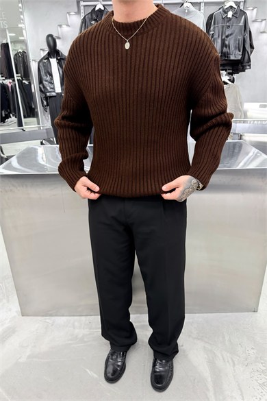 Kahverengi Bisiklet Yaka Fitilli Oversize Triko Kazak