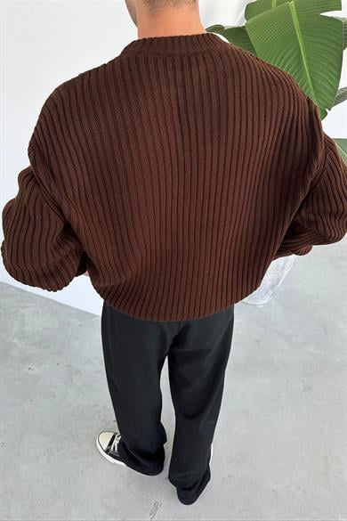 Kahverengi Bisiklet Yaka Fitilli Oversize Triko Kazak
