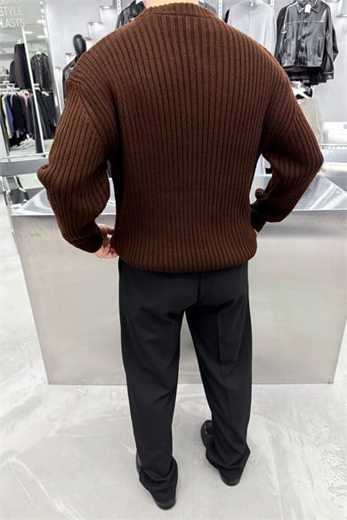 Kahverengi Bisiklet Yaka Fitilli Oversize Triko Kazak