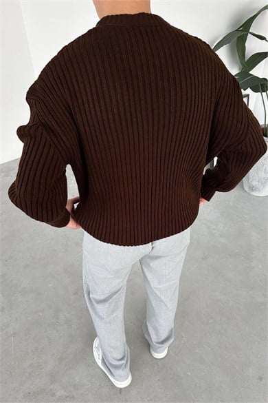 Kahverengi Bisiklet Yaka Fitilli Oversize Triko Kazak