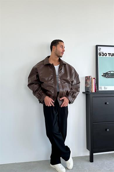 Kahverengi Bomber Oversize Deri Ceket