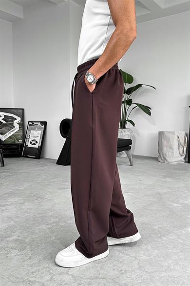 Kahverengi Çimalı Beli Lastikli Baggy Kumaş Pantolon