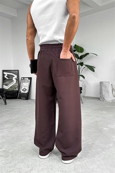 Kahverengi Çimalı Beli Lastikli Baggy Kumaş Pantolon