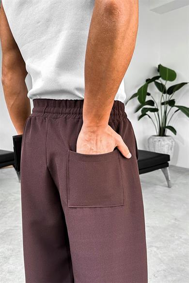 Kahverengi Çimalı Beli Lastikli Baggy Kumaş Pantolon
