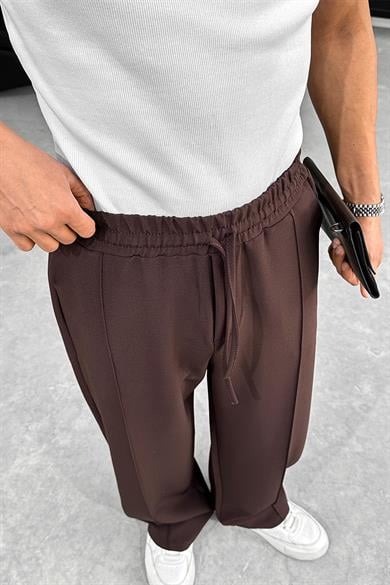Kahverengi Çimalı Beli Lastikli Baggy Kumaş Pantolon