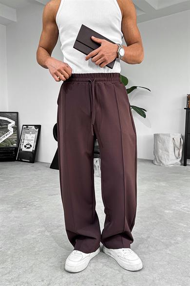Kahverengi Çimalı Beli Lastikli Baggy Kumaş Pantolon
