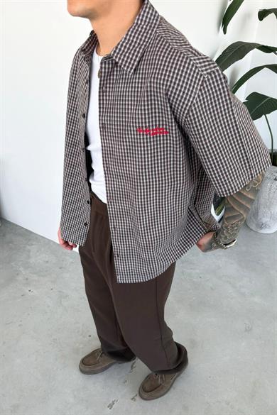 Kahverengi Daily Nakış Kareli Old School Oversize Gömlek
