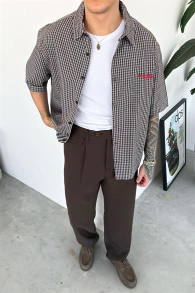 Kahverengi Daily Nakış Kareli Old School Oversize Gömlek