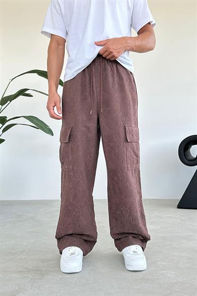 Kahverengi Desenli Cep Nakış Detay Kargo Baggy Pantolon