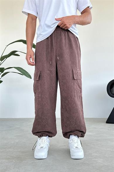 Kahverengi Desenli Cep Nakış Detay Kargo Baggy Pantolon