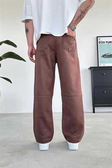 Kahverengi Diz Detay Süet Baggy Pantolon