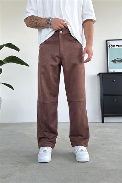 Kahverengi Diz Detay Süet Baggy Pantolon