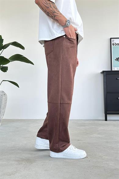 Kahverengi Diz Detay Süet Baggy Pantolon
