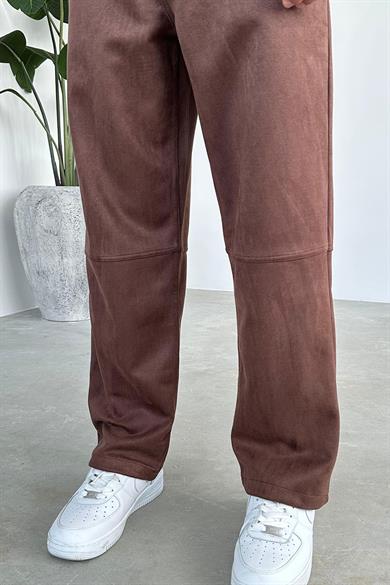 Kahverengi Diz Detay Süet Baggy Pantolon
