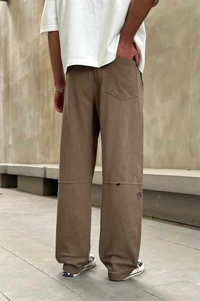 Kahverengi Diz Nakış Detay Beli Lastikli R1 GO Keten Baggy Pantolon