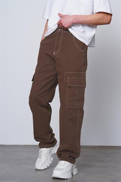 Kahverengi Double Cep Detay  Dikiş Kargo Baggy Pantolon