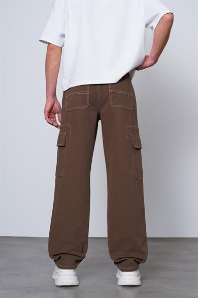 Kahverengi Double Cep Detay  Dikiş Kargo Baggy Pantolon