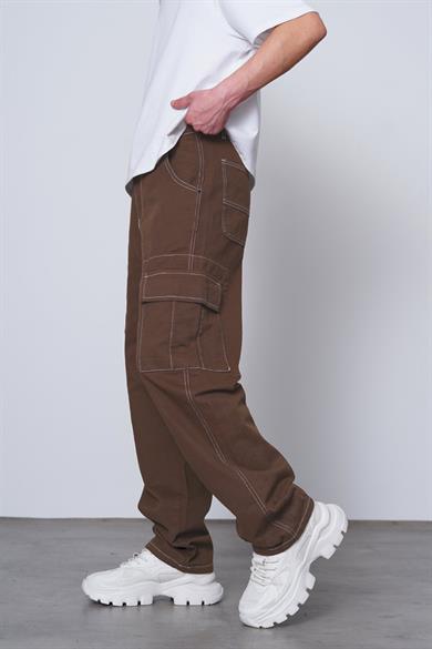 Kahverengi Double Cep Detay  Dikiş Kargo Baggy Pantolon