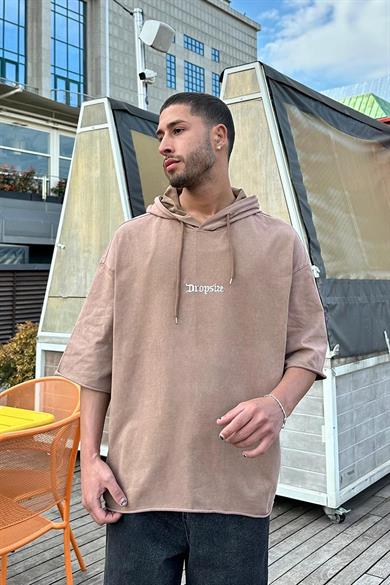 Kahverengi Dropsize Nakış Detaylı Kapüşonlu PH Oversize Tişört