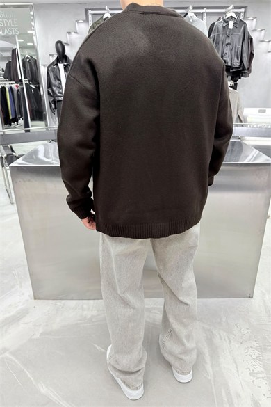 Kahverengi Düğmeli V Yaka Oversize Triko Hırka