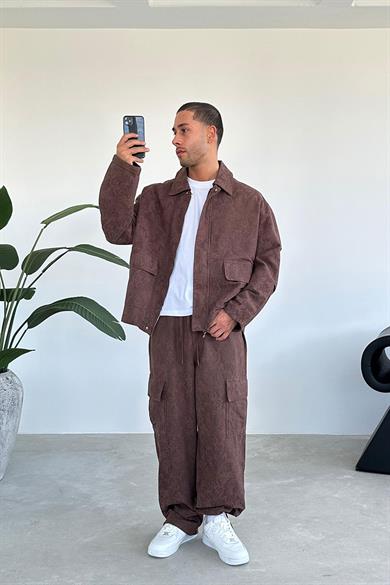 Kahverengi Etnik Desenli Premium Oversize Ceket