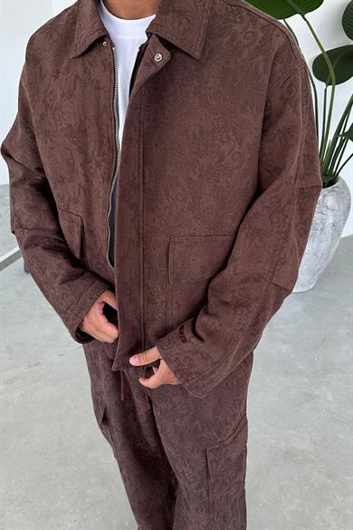 Kahverengi Etnik Desenli Premium Oversize Ceket