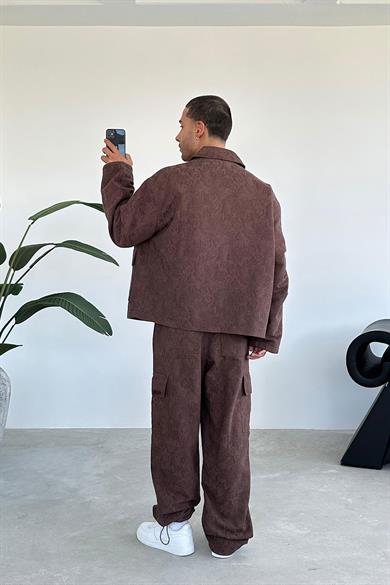 Kahverengi Etnik Desenli Premium Oversize Ceket