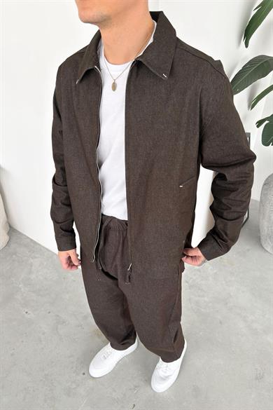 Kahverengi Fermuarlı Dokulu Relaxed Fit Boxy Ceket