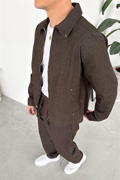 Kahverengi Fermuarlı Dokulu Relaxed Fit Boxy Ceket