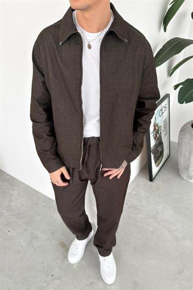 Kahverengi Fermuarlı Dokulu Relaxed Fit Boxy Ceket